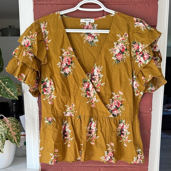 Madewell Tops - Madewell 100% Cotton Mustard/Tan Floral Ruffle Sleeve Wrap Peplum Top
